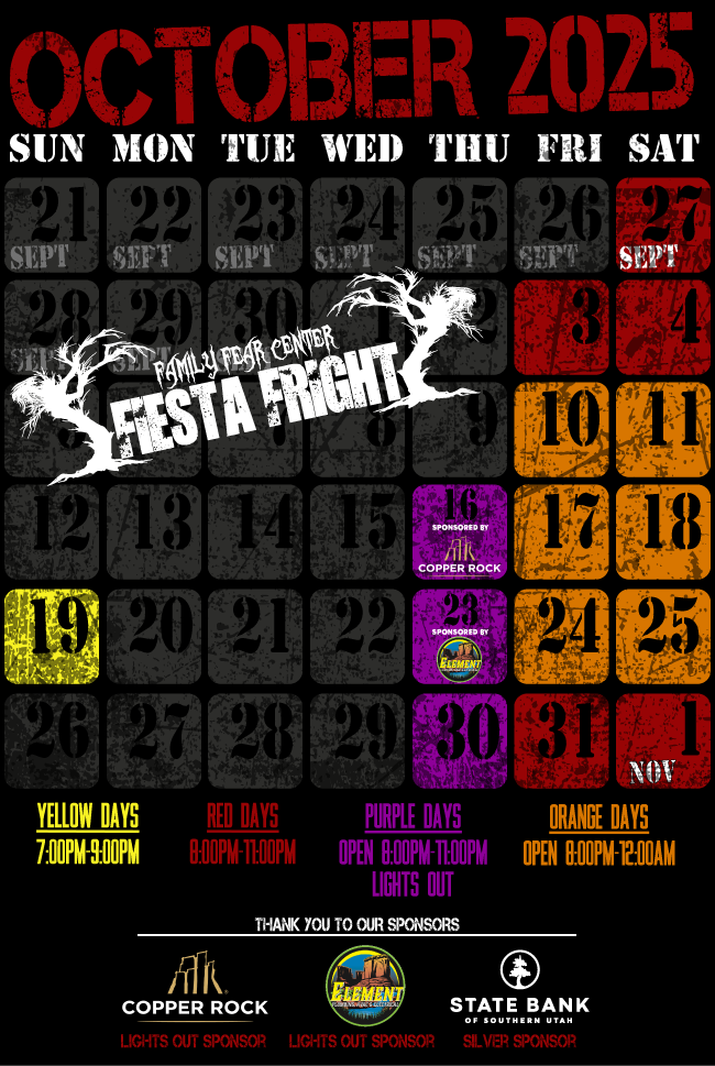 2025 season calendar for Fiesta Fright Haunted House.